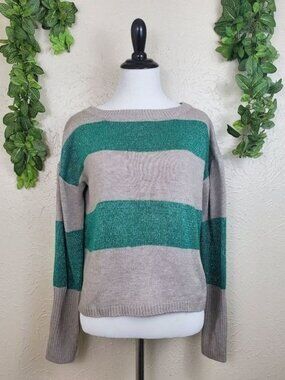 Grace Elements Green Tan Striped Metallic Knit Sweater Small Festive Holiday